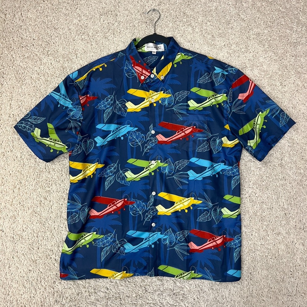 Wright Bro Hawaiian Shirt‎ Mens XL Blue Beach Island Flying Pilot Airplane Plane